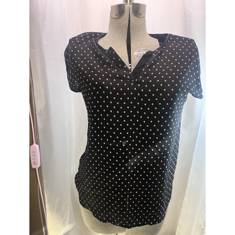 Full Moon Blouse Women Small Maternity Black With Hearts V Neck Short‎ Sleeve.
